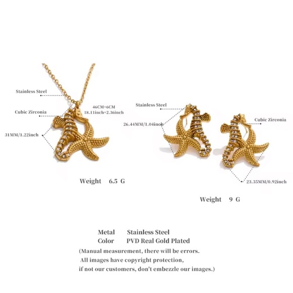 Seahorse Starfish Crystal 18K Gold Stainless Steel Waterproof Jewelry Set - Picture 11 of 16